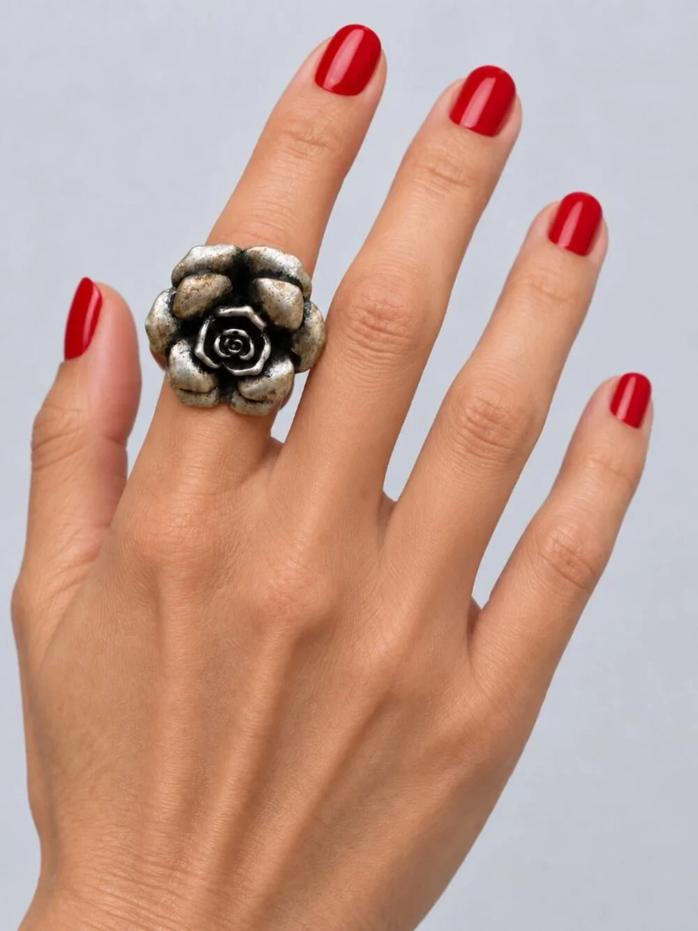 Vintage-Inspired Silver Tone Oversized Rose Flower Statement Ring Boho Artisan